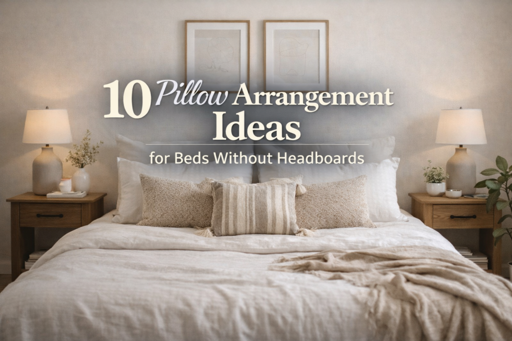 Modern pillow arrangement ideas for beds without headboards in a dark stylish bedroom