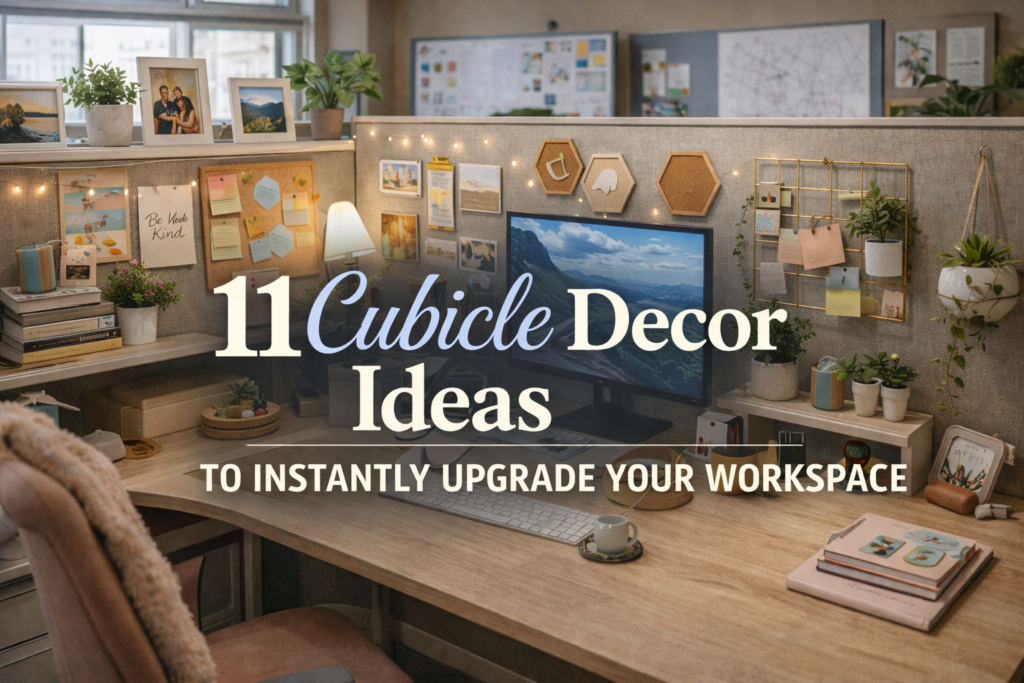 "Modern office cubicle with minimal decor, desk plant, wall art, and organized workspace – 11 cubicle decor ideas"