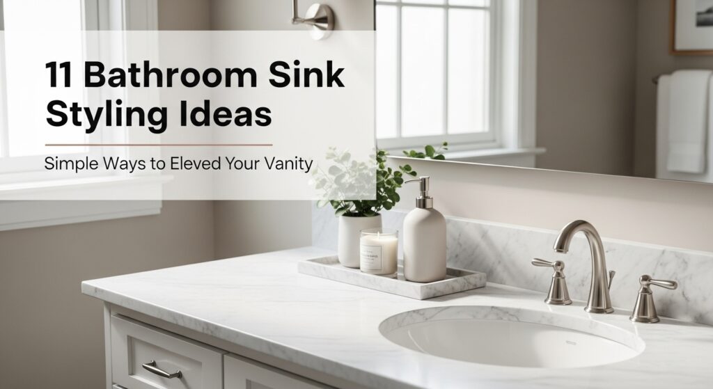 11 bathroom sink styling ideas with tray decor, soap dispenser, candle, and plant on marble countertop