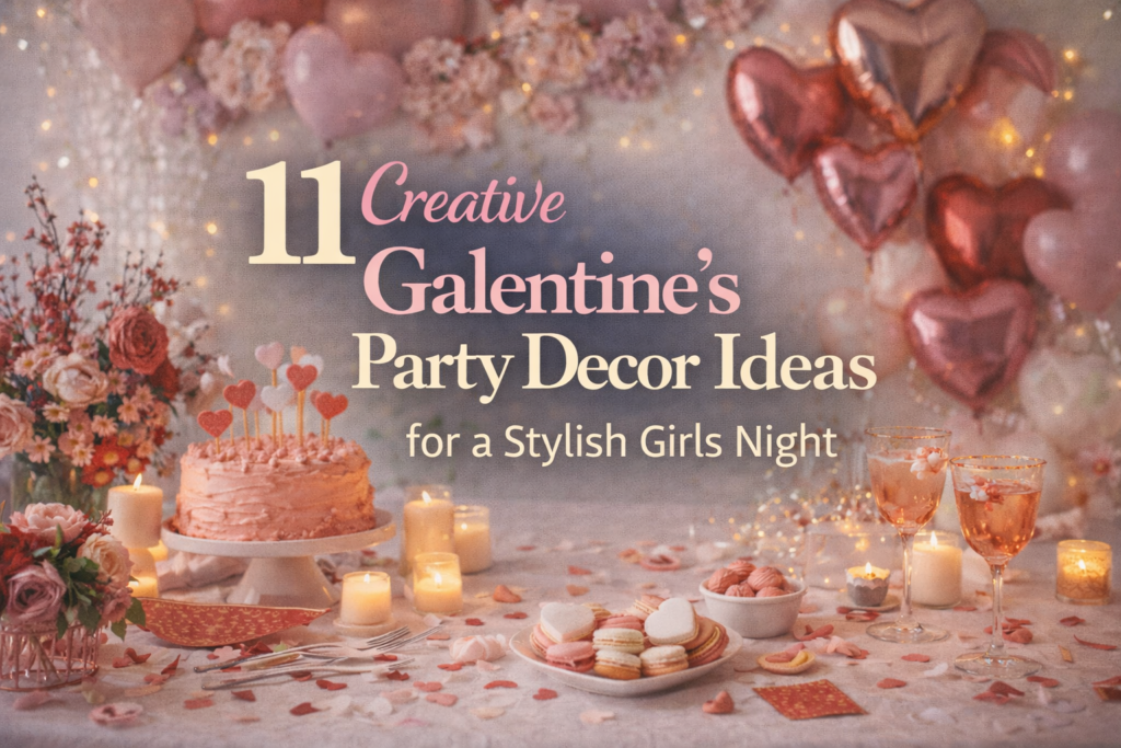 11 creative Galentine’s party decor ideas featuring pink balloon garlands floral centerpieces fairy lights and desserts