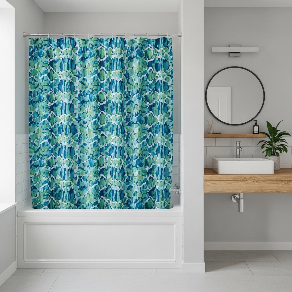 Bathroom with patterned shower curtain as a low-cost alternative to glass doors