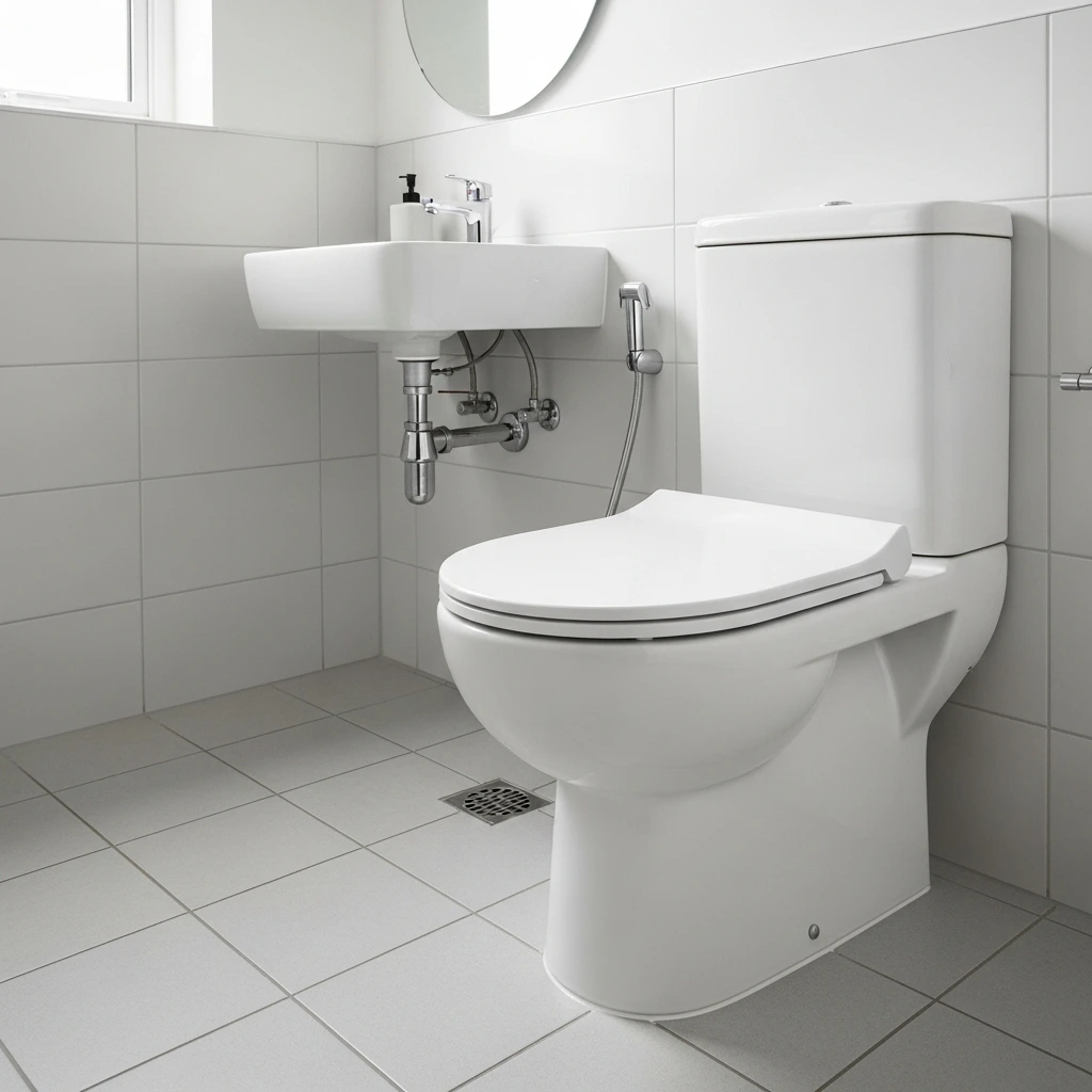 Modern bathroom toilet with new toilet seat as part of a budget remodel