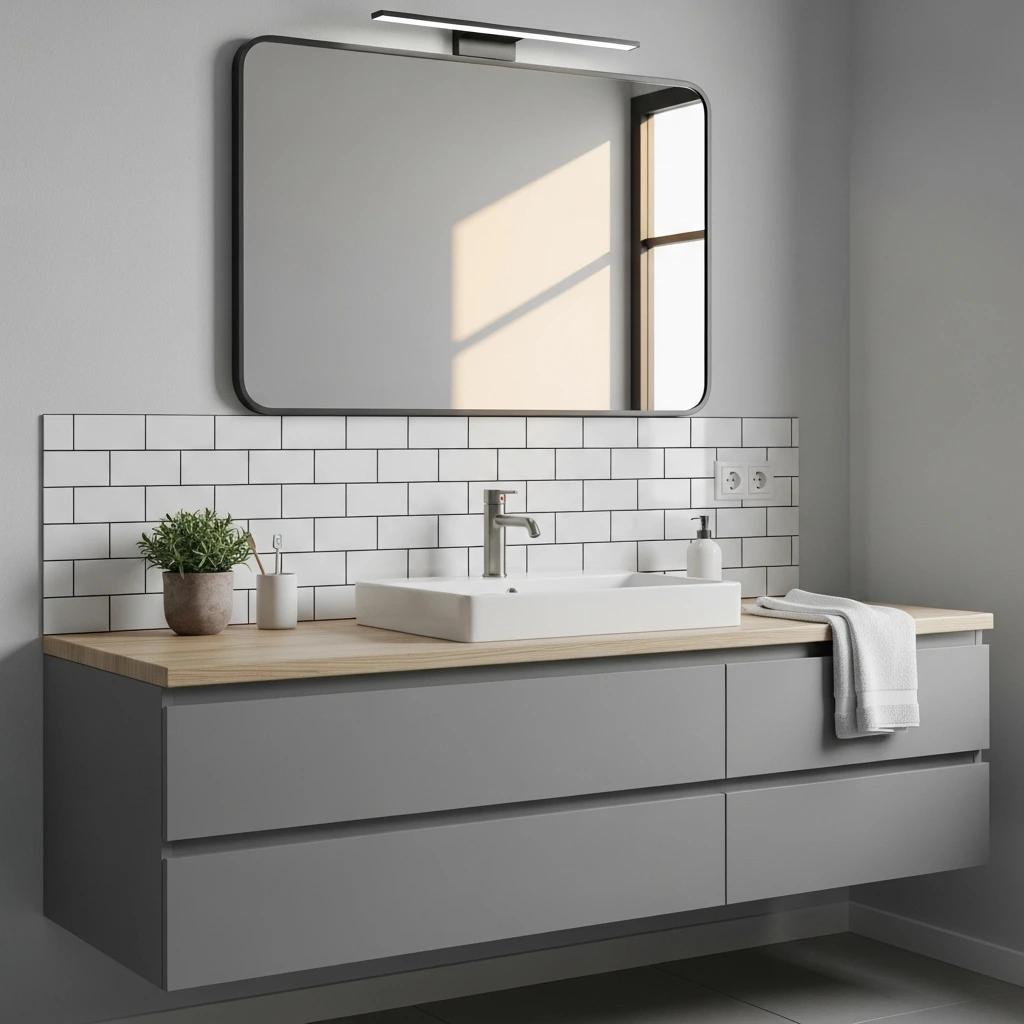 Bathroom vanity with peel-and-stick subway tile backsplash for an affordable upgrade