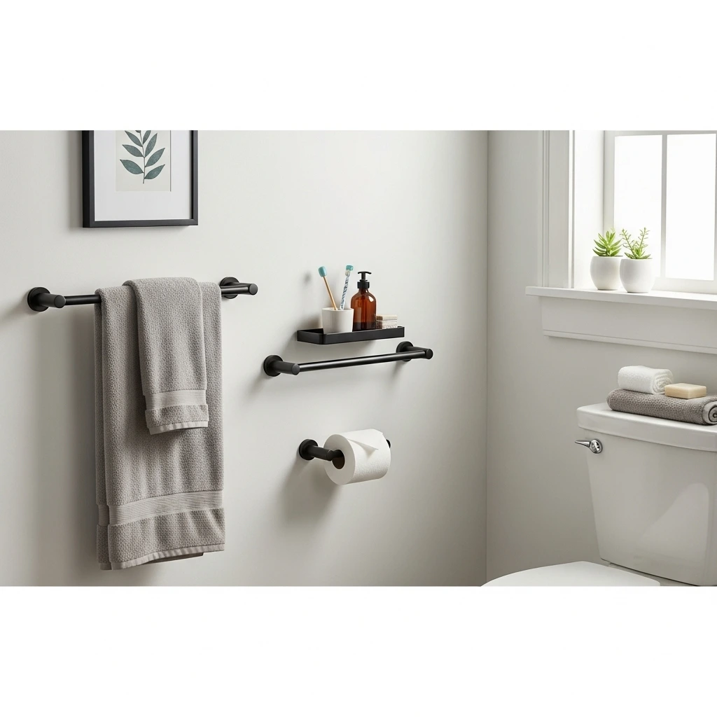 Bathroom with matching towel bars and accessories in a budget bathroom remodel