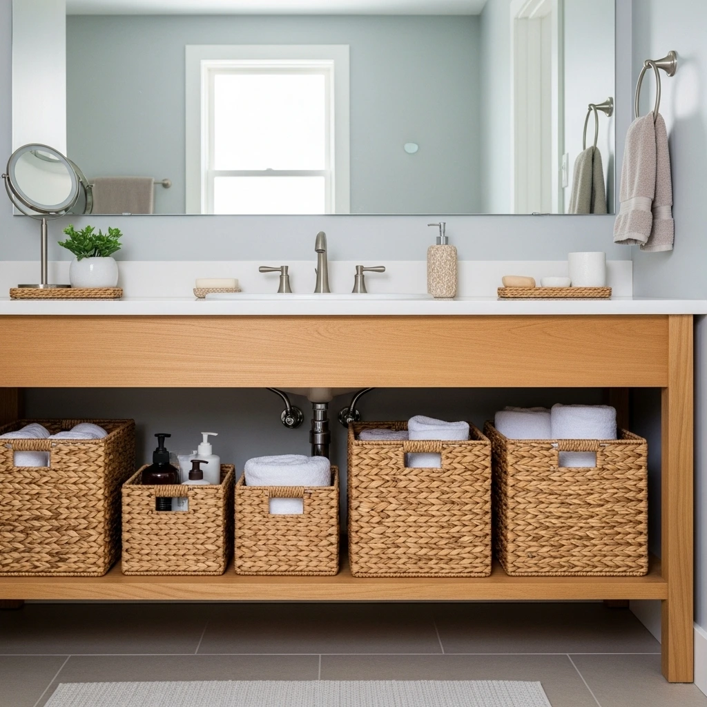 Bathroom storage solution using woven baskets for an organized budget remodel