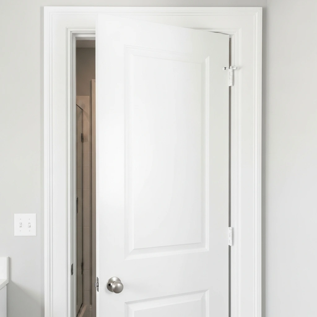 Bathroom with freshly painted door and trim completing a budget bathroom makeover