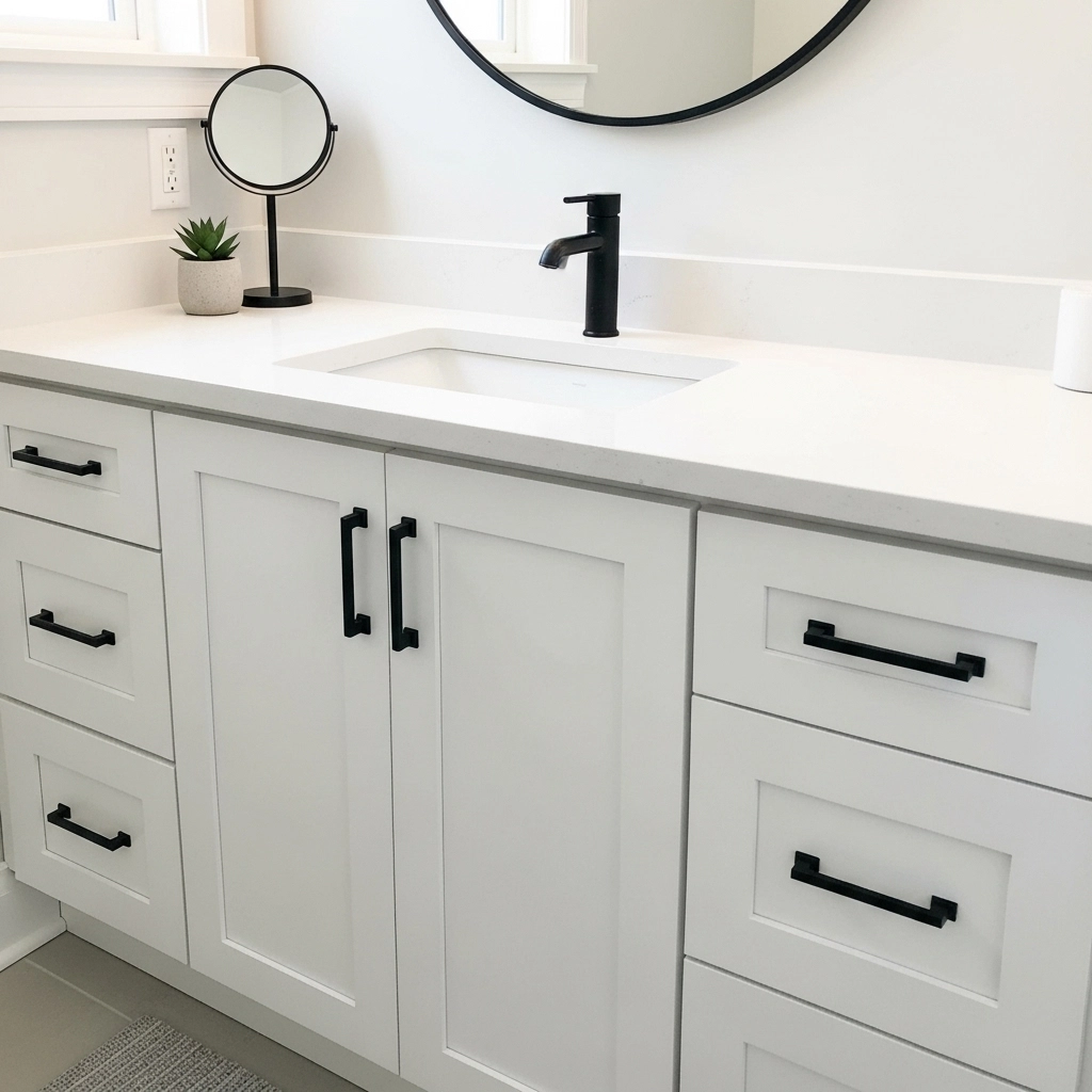Bathroom vanity with updated matte black hardware in a budget-friendly bathroom remodel