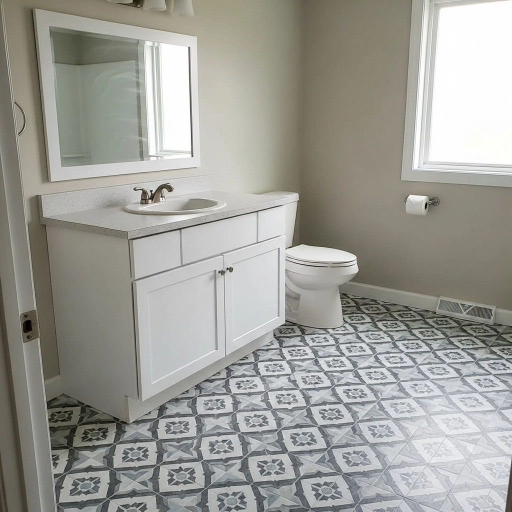 Bathroom featuring peel-and-stick patterned floor tiles for an affordable remodel