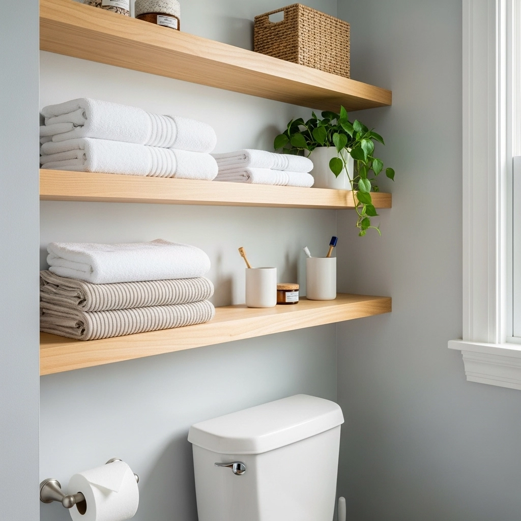 Bathroom with wooden open shelving for affordable storage in a budget remodel