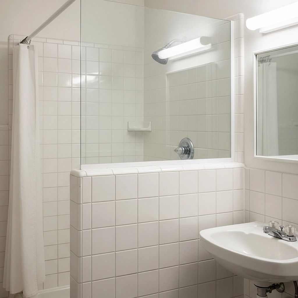 Bathroom tile walls with refreshed white grout for a clean budget renovation