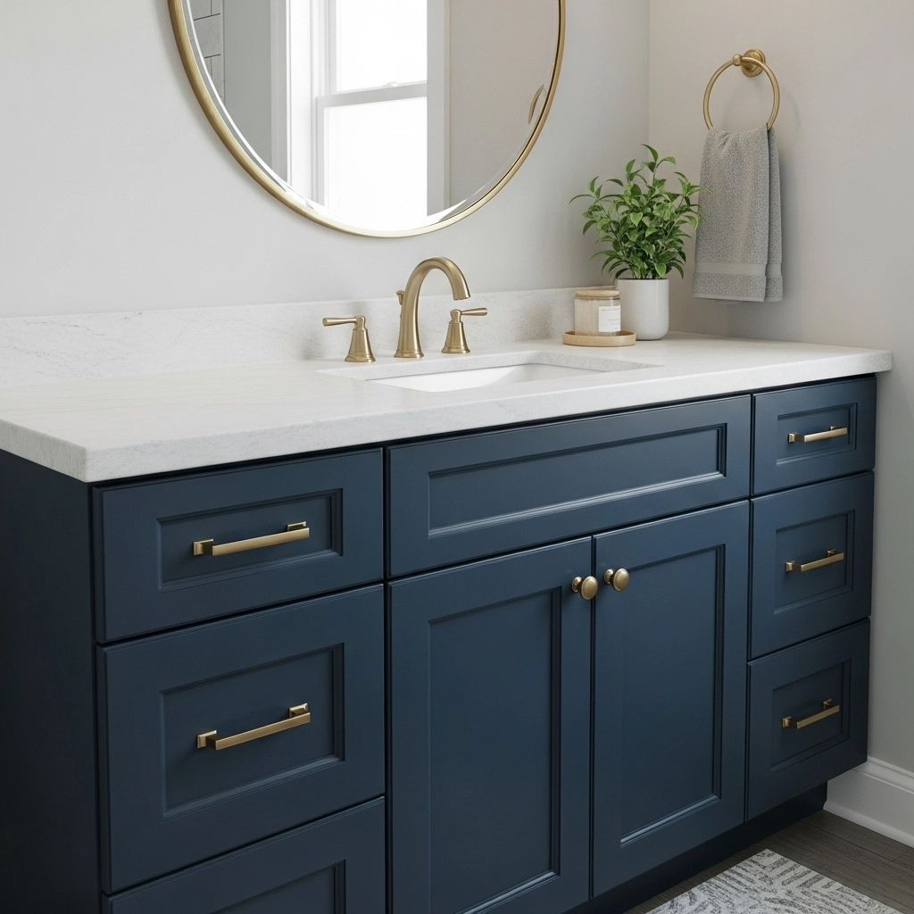 Bathroom vanity painted navy blue with gold hardware for a budget remodel idea