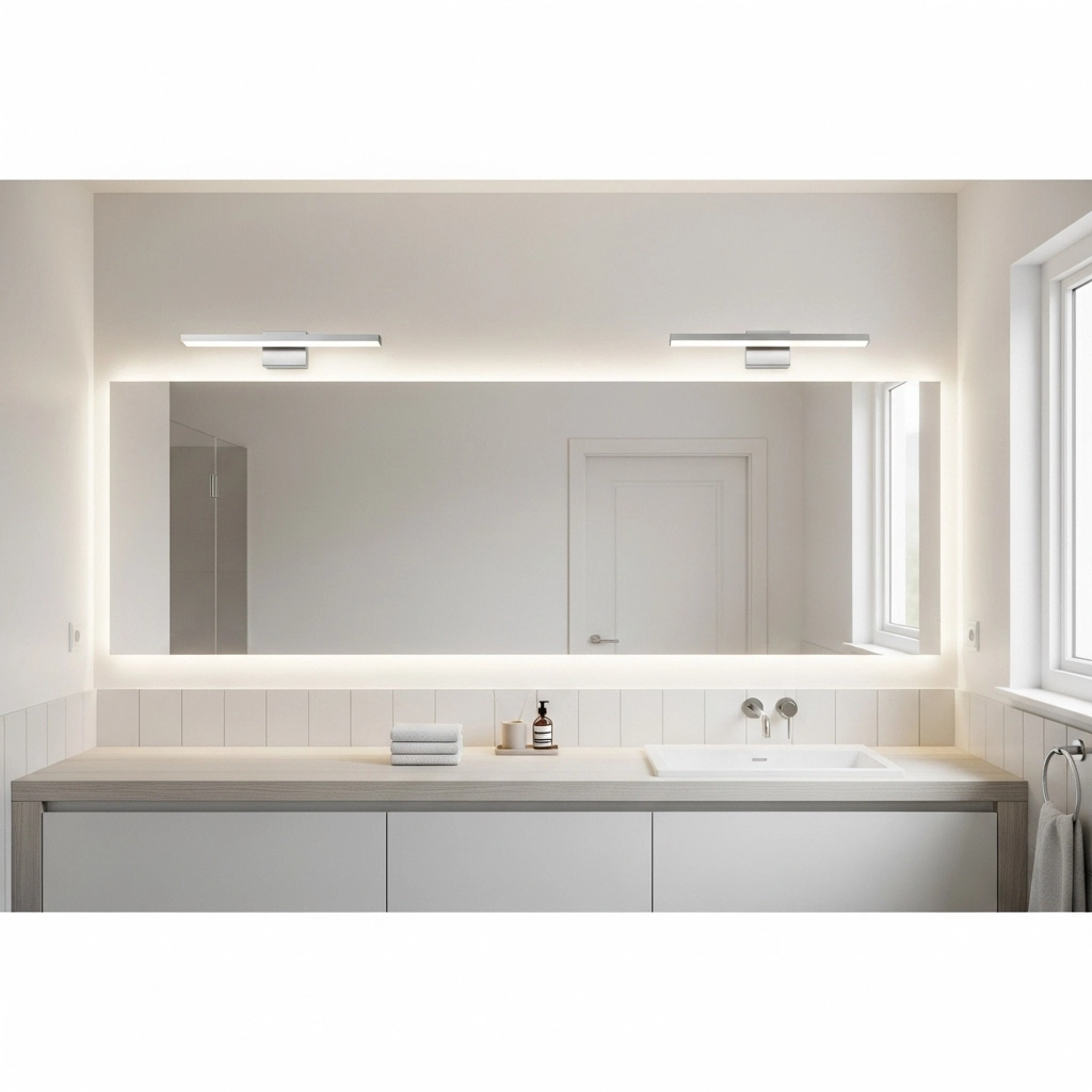 Bathroom with energy-efficient LED vanity lighting in a budget remodel