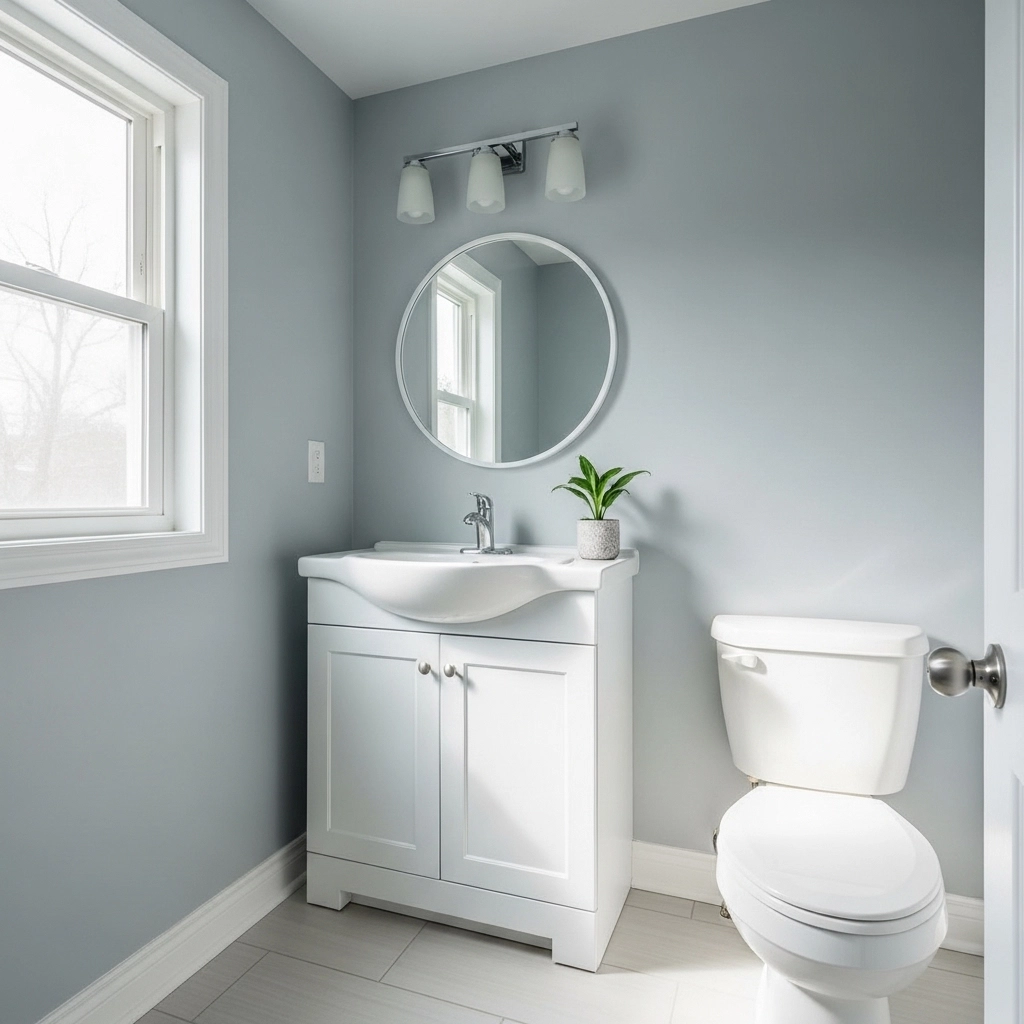 Freshly painted bathroom with soft gray walls and white vanity for a budget remodel