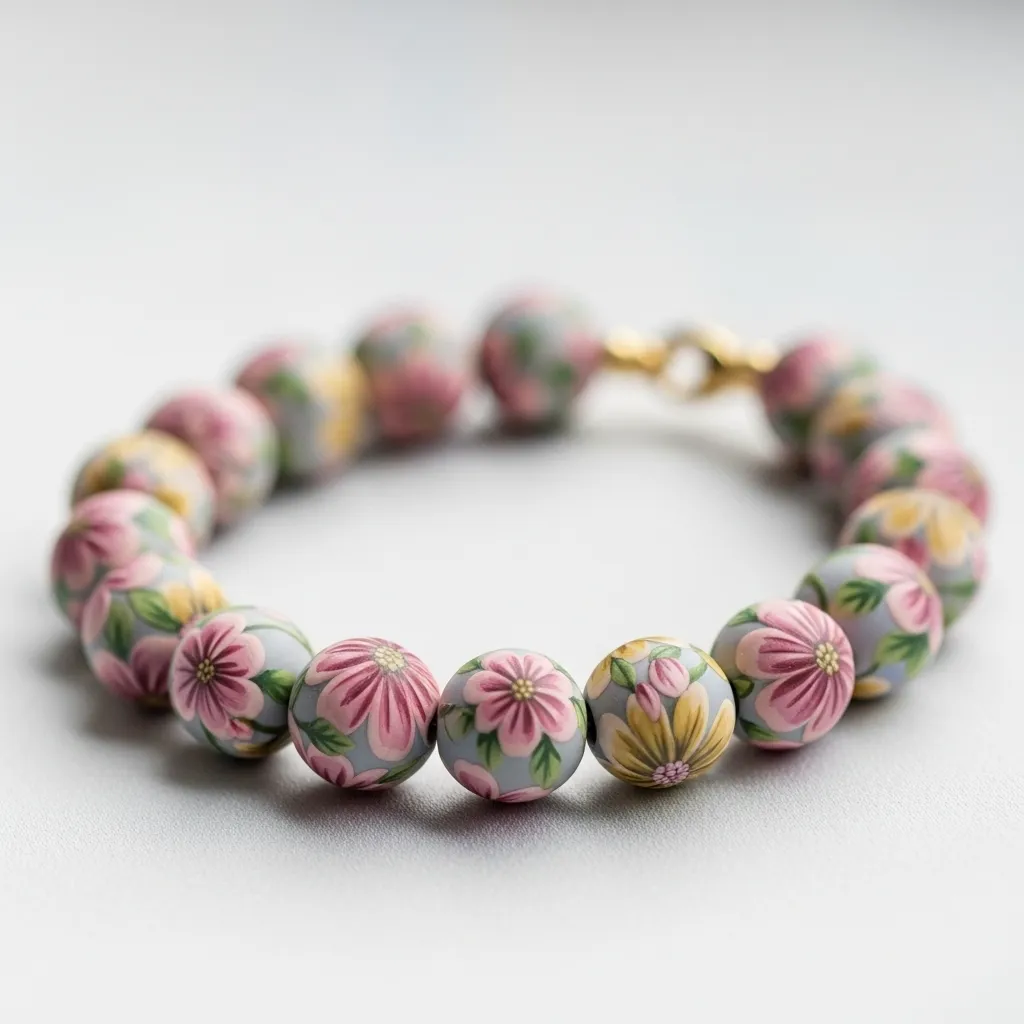 Floral patterned clay bead bracelet with feminine design