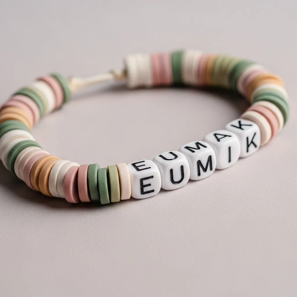 Personalized clay bead bracelet with letter beads spelling a name