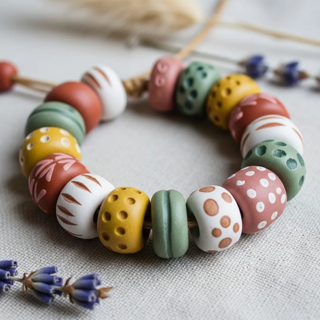 Boho clay bead bracelet with earthy tones and textured beads