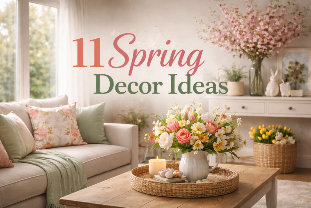 11 Spring Decor Ideas - bright living room with spring decorations and fresh flowers