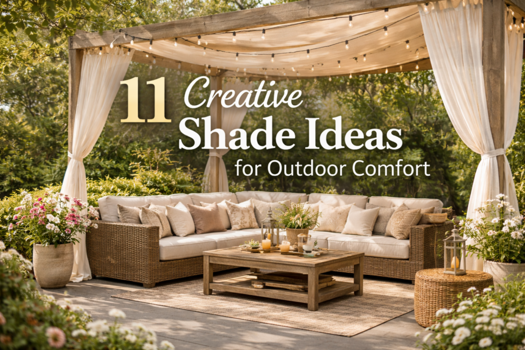 11 Creative Shade Ideas for Outdoor Comfort - cozy backyard patio with pergola, curtains, and seating