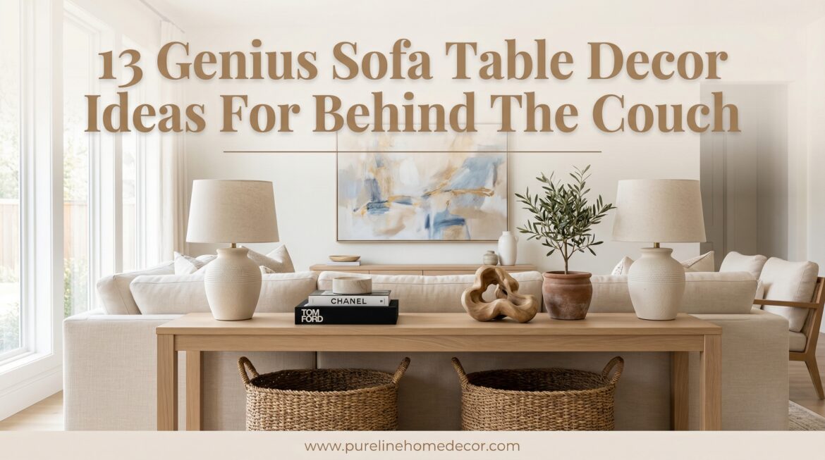 Stylish sofa table decor ideas for behind the couch with lamps, books, and greenery in modern living room